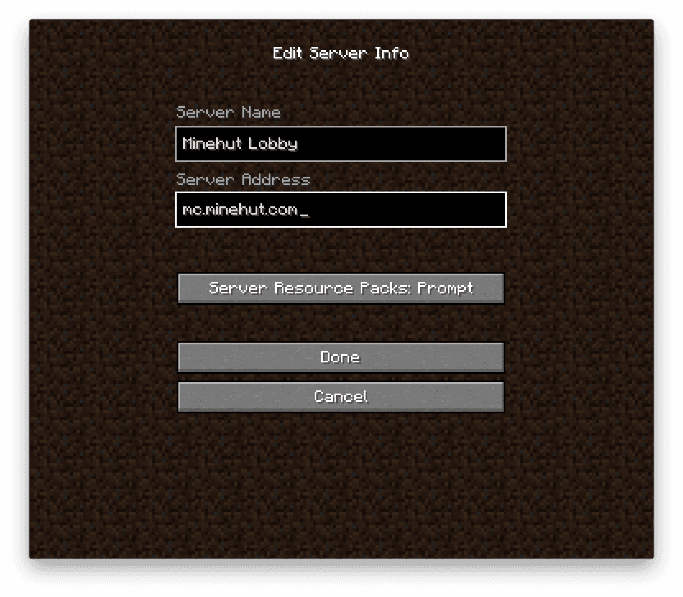 Minecraft Java Edition — Edit Server Info screen
