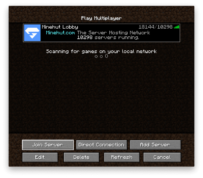 Minecraft Java Edition — server list with Minehut Lobby selected